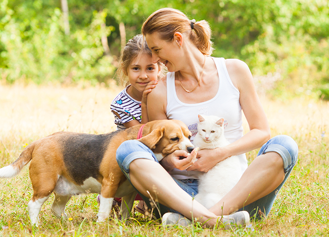 Maman et enfant avec chien et chat